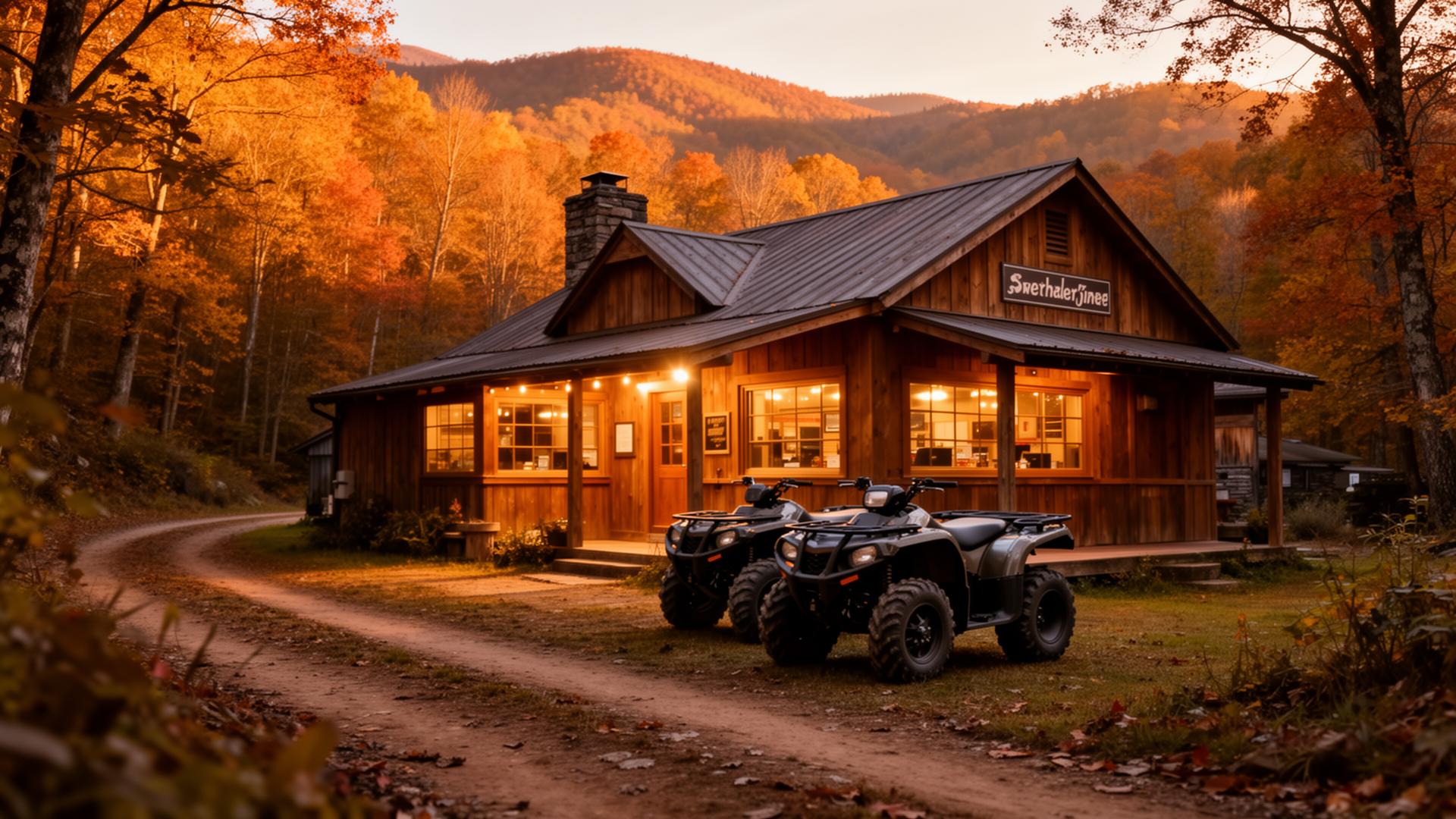 Rustic Appalachian country diner with side-by-sides parked outside